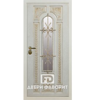 дверь железная с мдф отделкой, со стеклом и ковкой, предназначена для установки в коттедж