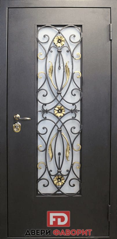 дверь стальная с терморазрывом, стеклом и ковкой под бронзу