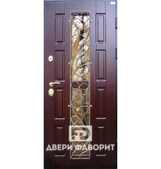 металлическая уличная дверь с ковкой и стеклом, с двух сторон отделана мдф